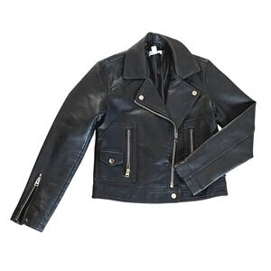 Topshop Petite Black Faux Leather Moto Biker Jacket Women's SZ 2‎ Zip Pockets